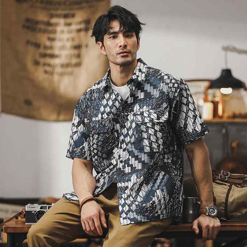 シャツ メンズ イージーケア コーマ綿 デジタルジャカード シアサッカー 半袖 ゆったり ルーズフィット チェック柄 カジュアル アメカジ 春夏
