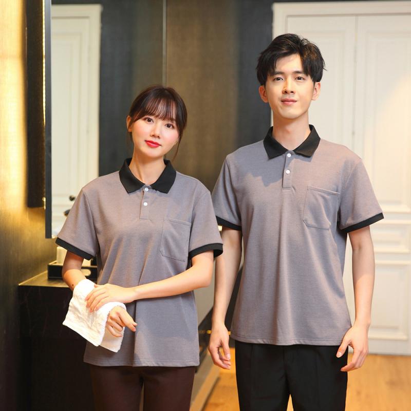 Tシャツ 男女兼用 吸汗速乾 半袖 飲食店 スーパーマーケット レジ 清掃 デリバリー スタッフ 作業着 業務用 ワークウェア 制服 ユニフォーム 春夏 綿混紡 ベージュ グレー