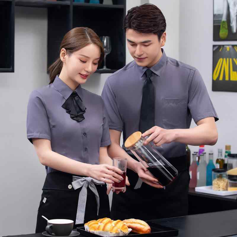 ユニフォーム レディース 吸湿速乾 半袖 飲食店 レストラン ホテル ホールスタッフ 作業服 業務用 制服 春夏 綿混 男女兼用 白 黒 ピンク グレー 青