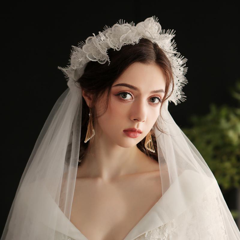 ウェディングベール 花嫁 レディース 帽子風 オフホワイト レース シングル ソフトチュール エレガント 欧米風 フラワーモチーフ 結婚式 前撮り ブライダル