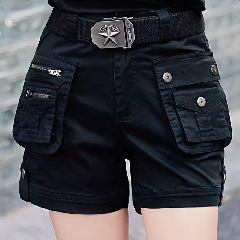 パンツ レディース 春夏 ハイウエスト ストレッチ 迷彩 カーゴ ショートパンツ スリムフィット ブリティッシュスタイル カジュアル ミリタリー ストリート ブラック 通勤 コットン