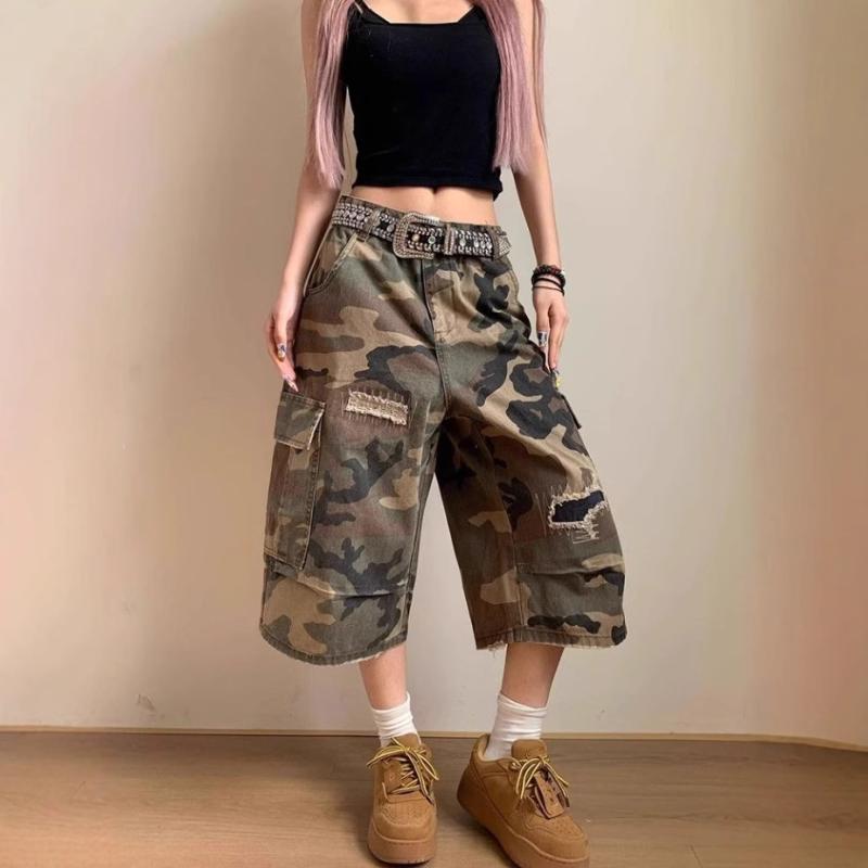 デニムパンツ レディース 迷彩柄 七分丈 ダメージ加工 パッチワーク ハイウエスト ストレート 体型カバー 着痩せ ゆったり ルーズ カジュアル ストリートファッション ウォッシュ加工 綿 コットン トレンドライク