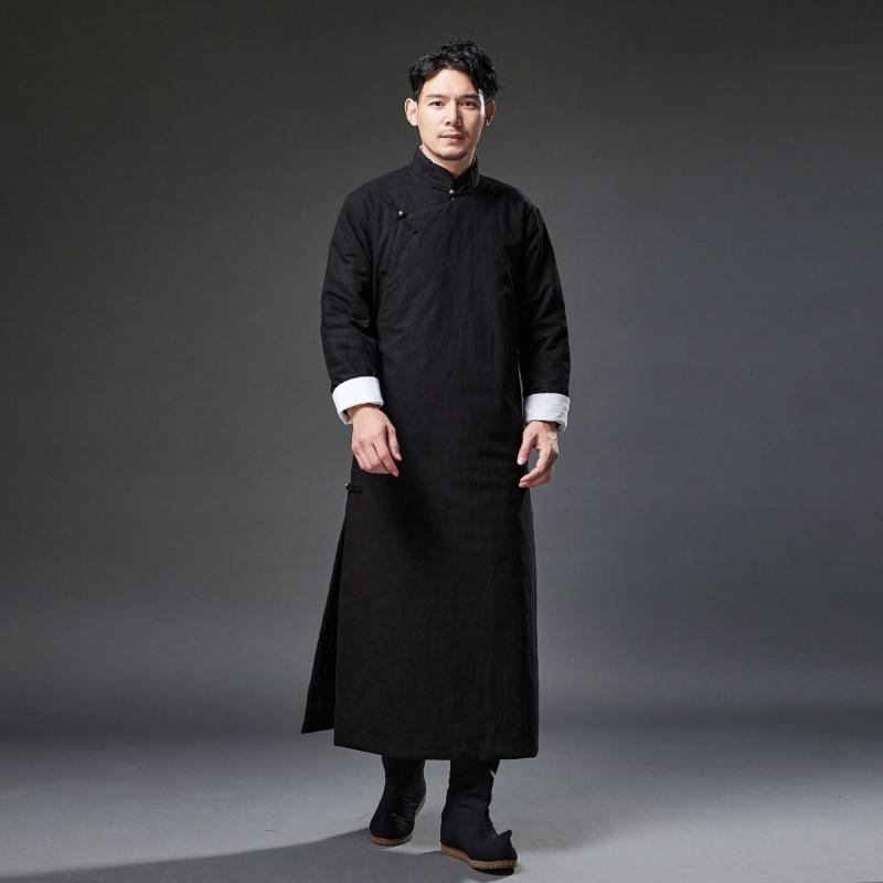 唐装 メンズ 中綿入り 盤留め 長袍 ロングコート 両サイドポケット 苧麻 リネン素材 秋冬 カジュアル レトロ 舞台衣装 民族衣装