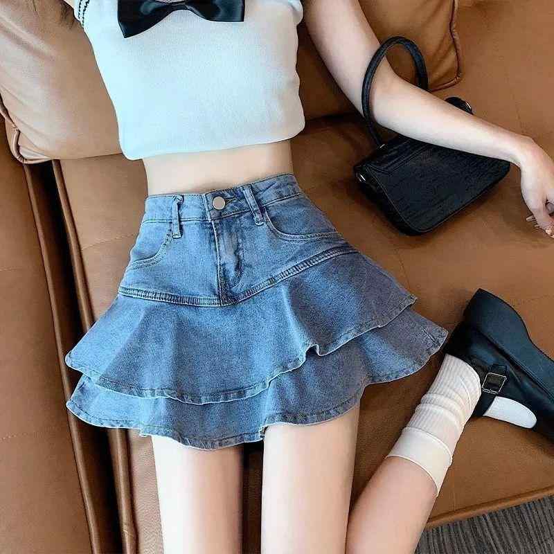 ミニスカート レディース デニム ハイウエスト Aライン マーメイド 着痩せ 大きいサイズ ティアードフリル 大人可愛い きれいめ ブルー|モズラボ