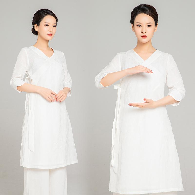 太極服 レディース 春夏 斜め襟 紐デザイン ジャガード織り 麻混素材 ゆったり チュニック トップス 作務衣風 リラックスウェア ルームウェア ヨガウェア 通気性 快適な着心地｜モズラボ