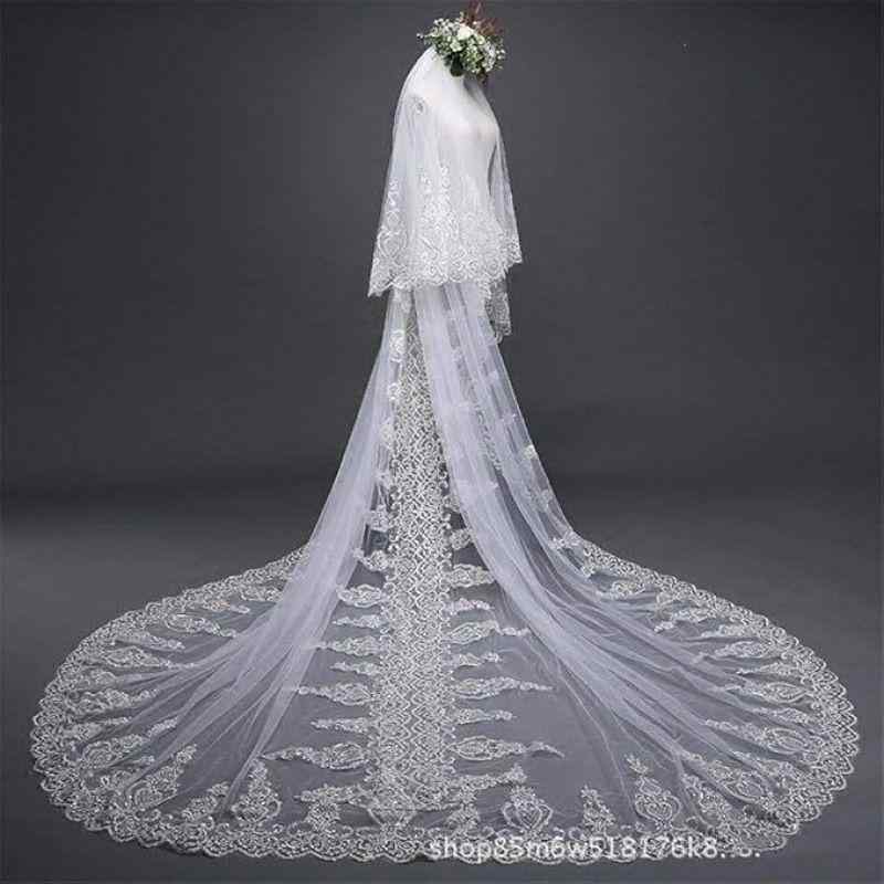 ベール ウェディング ブライダル 花嫁 結婚式 大聖堂スタイル 超ロング トレーン チュール レース ホワイト オフホワイト