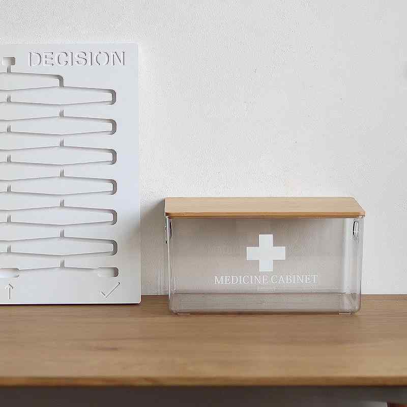 救急箱 家庭用 医薬品 薬 マスク 衛生用品 保管ボックス 透明PET製 竹製 持ち運び 手提げ付き 大容量 リビング 寝室 書斎 和風 整理ケース