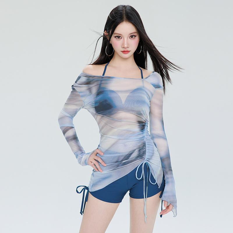 水着 レディース 体型カバー 着痩せ効果 セパレート ビキニ 3点セット ワイヤー入り パッド付き 谷間メイク ハイウエスト スタイルアップ リゾート プール 海 夏 セクシー 無地 ブルー｜モズラボ