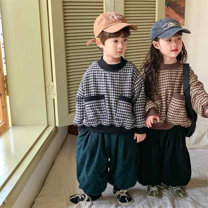 スウェット キッズ ベビー 男の子 女の子 裏起毛 厚手 千鳥格子柄 ハーフネック プルオーバー アウター トップス 秋冬 ブラック コーヒー色 80 90 100 110 120 130cm対応