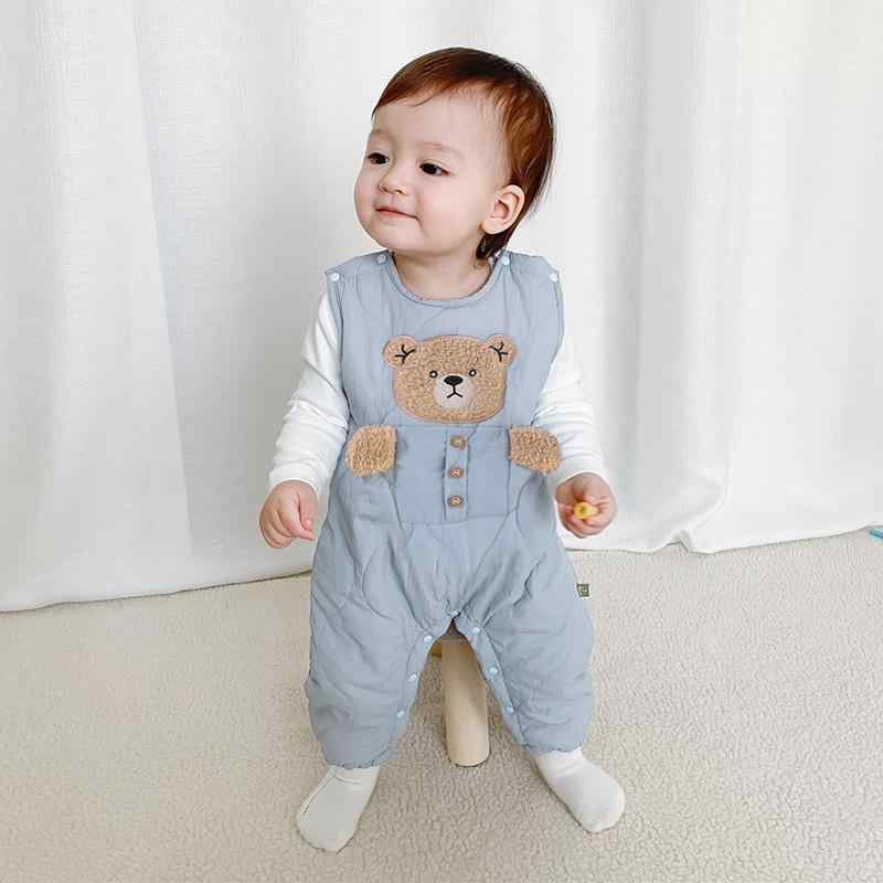 ロンパース 男の子 ベビー カバーオール 新生児 秋冬 あったか 裏起毛 ベストタイプ 丸首 ポケット クマ柄 韓国風 キルティング 織物素材 ロング丈
