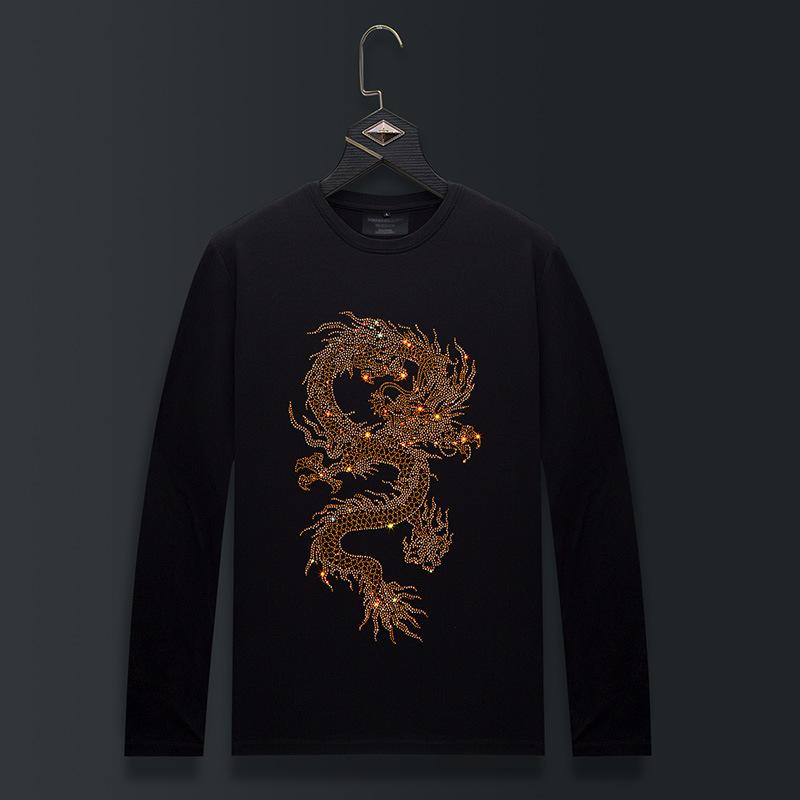 Tシャツ メンズ 長袖 クルーネック 薄手 スリムフィット ラインストーン ドラゴン柄 春秋 インナー トップス カジュアル ストリートファッション モダール混 綿混