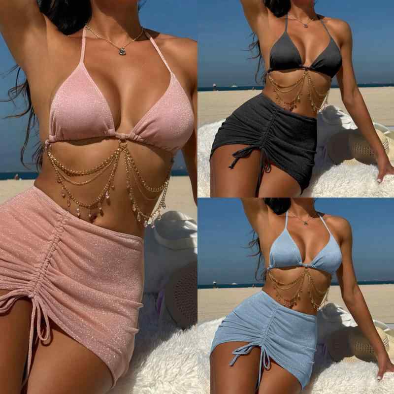 水着 レディース セクシー ドローストリング ストラップ キラキラ ラインストーン チェーン 3点セット ビキニ 胸パッド付き ノンワイヤー 欧米風