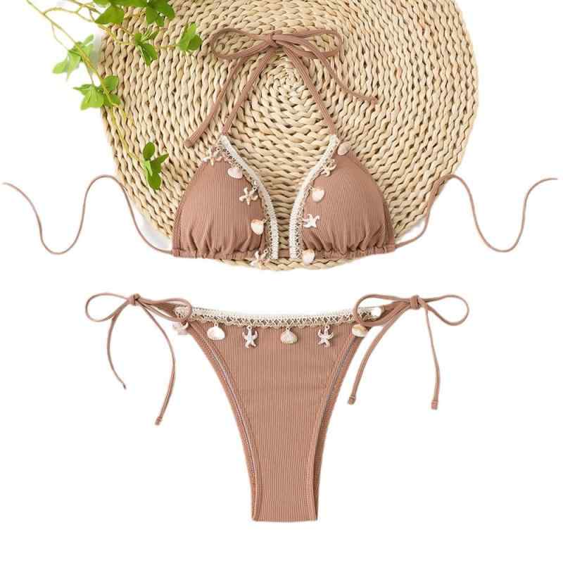 水着 レディース ホルターネック ストラップ付き 三角カップ ビキニ セクシー 大人かわいい 胸パッド付き ノンワイヤー バックレス 無地 ポリエステル プール 海水浴 リゾート