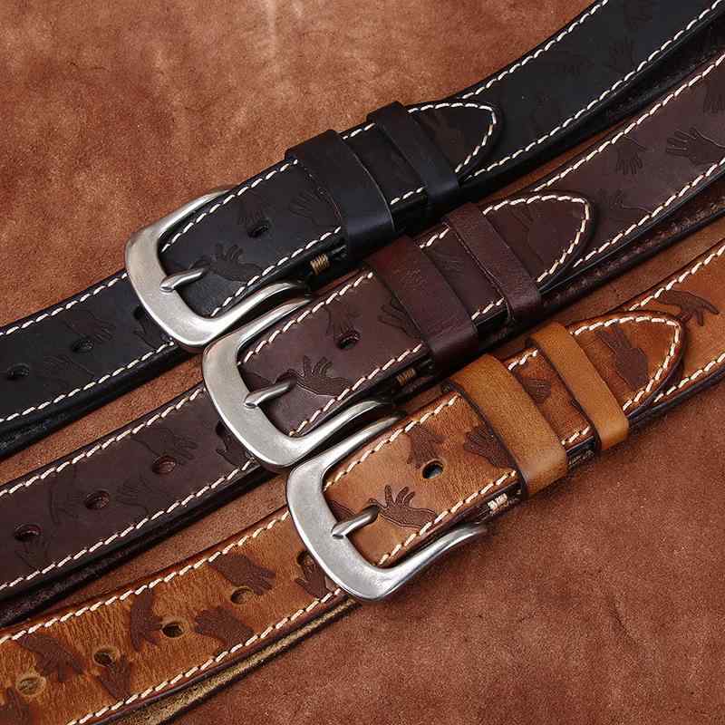 ベルト メンズ 3.8cm幅 極厚 本革 牛革 ステンレス ピンバックル レトロ ヴィンテージ 型押しデザイン 個性的 ジーンズ デニム カジュアルスタイル 普段使い