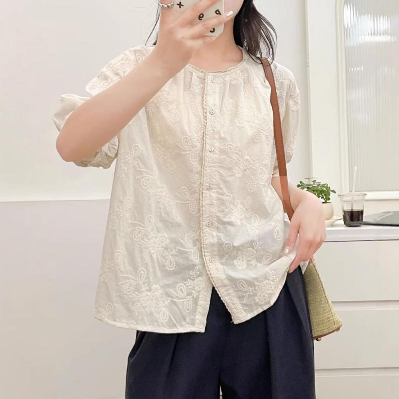 シャツ レディース 半袖 レース フリル ゆったり 綿素材 ラウンドネック 刺・墸 ブラウス ドールブラウス フレンチテイスト レトロ かわいい 春夏