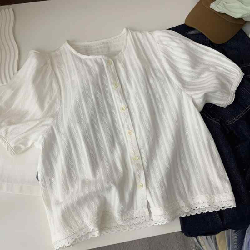 ブラウス レディース 韓国風 レースフリル 半袖 薄手 コットン素材 デザイン 上品 通勤 オフィス ゆったり ラウンドネック パフスリーブ トップス 夏物
