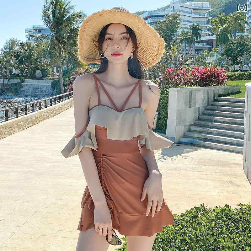 水着 レディース ワンピース 体型カバー パッド付き ワイヤーなし 温泉 プール 夏 半袖 大人カジュアル ナイロン素材 キャラメル色