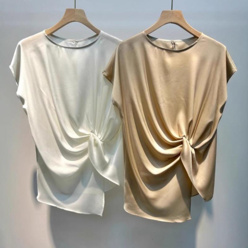 Tシャツ レディース 半袖 シルク調 接触冷感 アシンメトリー ドレープ ギャザー ストレッチ スリム ショート丈 クルーネック 無地 プルオーバー オフィス 通勤 カジュアル トップス|モズラボ