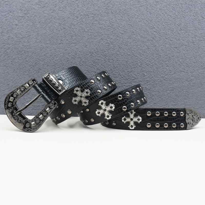 ベルト レディース リベット スタッズ クロス装飾 幅広 ピンバックル PUレザー レトロ パンク ウエスタン 個性的 ストリート カジュアル ブラック 万能