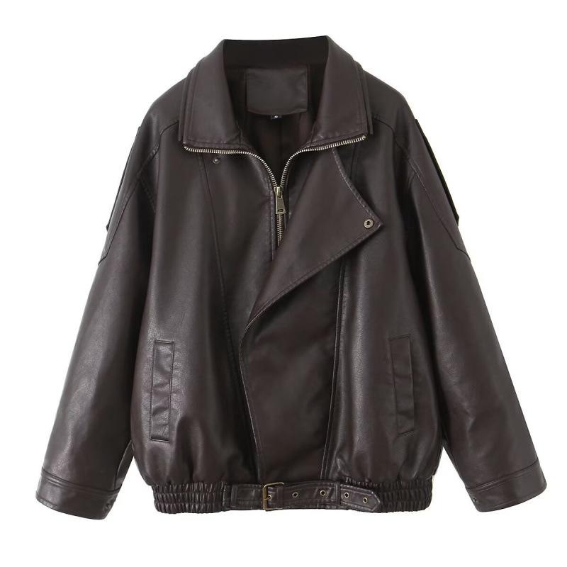 フェイクレザージャケット レディース トレンド 欧米風 ストリート カジュアル 個性的 ダブルカラー 凝ったフロントデザイン 着回し抜群 ゆったり オーバーサイズ ミドル丈 長袖 ブラウン