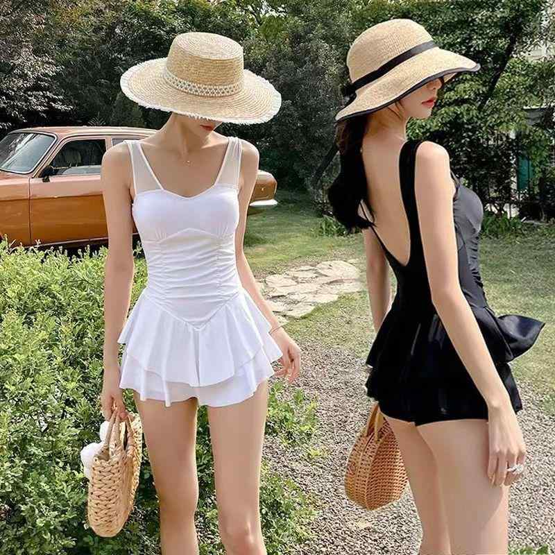 ワンピース水着 レディース 夏 ぽっちゃり女子向け 体型カバー 細見え 露出控えめ 高級感 パッド付き ワイヤーなし バックシャン 無地 ポリエステル素材 水泳 マリンスポーツ 黒 白