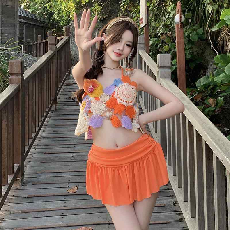 水着 レディース パッド入り ノンワイヤー セクシー ニット 花柄 ビキニ セパレート スカートタイプ ハイウエスト 温泉 リゾート