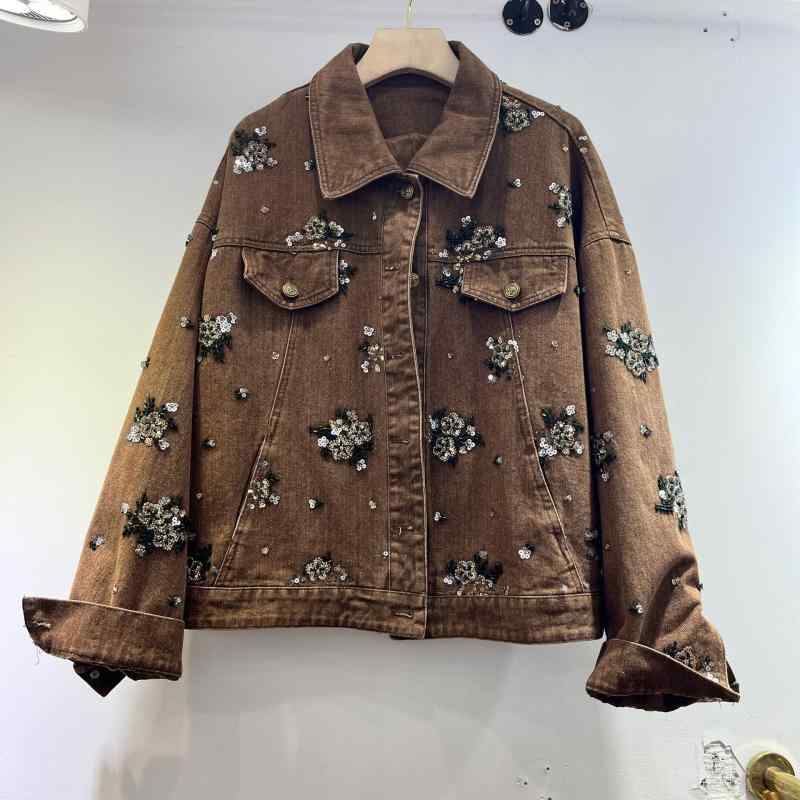 デニムジャケット レディース 着痩せ効果 ゆったり オーバーサイズ 長袖 スパンコール装飾 きらきら ウォッシュダメージ加工 襟付き ライトブラウン カジュアル ストリートファッション 秋冬 アウター
