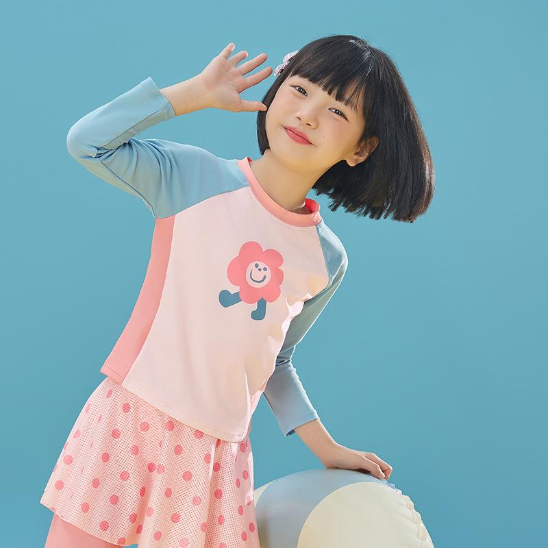 水着 ジュニア 女の子 スポーツ スイムウェア 長袖 長パンツ セパレート スカート付き 本格的 スクール水着 プール 海 水泳 水遊び用 ナイロン ピンク