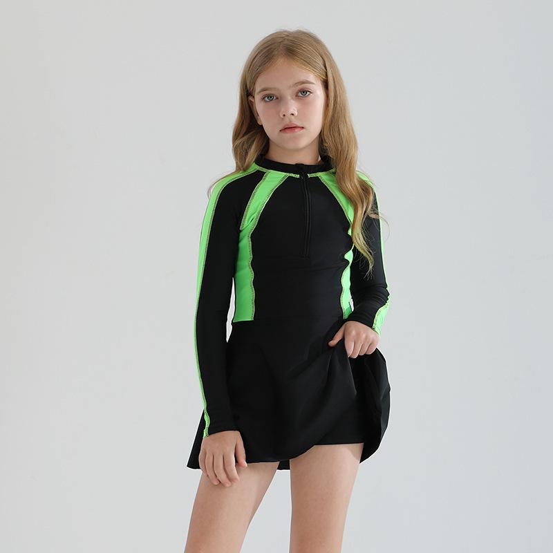 水着 キッズ 女の子 ジュニア ワンピース スカート一体型 体型カバー 長袖 UVカット 温泉 プール 海水浴 小学生 中学生向け 韓国風 かわいい 軽量 速乾性 スイムウェア