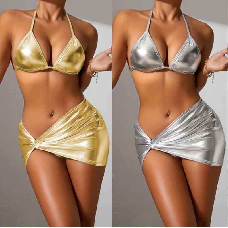 水着 レディース セクシー 欧米スタイル ストラップ ヒップラインカバー 結びデザイン メタリック加工 ビキニ 3点セット 速乾 高伸縮性 胸パッド付き ワイヤーなし ポリエステル ゴールド シルバー