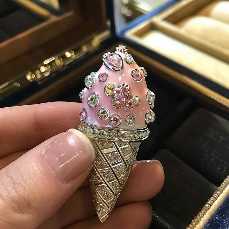 ブローチ レディース かわいい アイスクリームモチーフ ジルコニア装飾 銅製 電気メッキ加工 高級感 上品なオリジナルデザイン パーティー イベント|モズラボ