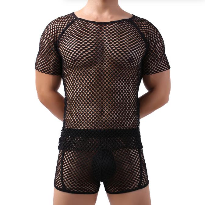 Tシャツ メンズ シースルー メッシュ フィッシュネット 透かし編み セクシー エロティック 個性的 通気性 春夏 ナイトウェア ルームウェア ダンス衣装 ポリエステル