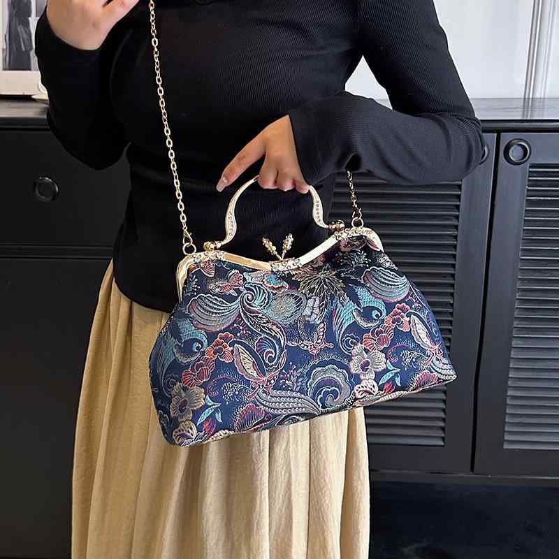 バッグ 刺繍 がま口 チェーン 新チャイナドレス風 レトロモダン 中華風 ハンドバッグ ショルダーバッグ ギフト 布製 ロック金具 スマホ収納 デイリーユース 横長 スクエア 秋冬