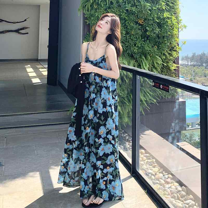 ワンピース レディース セットアップ 春夏 リゾート ビーチ 通勤 ブルー 小花柄 ノースリーブ シフォン ロングワンピース ニットカーディガン 2点セット Aライン ハイウエスト スクエアネック きれいめ 上品