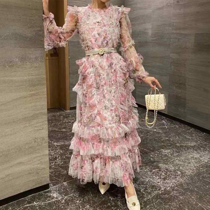 ロング御召しもの レディース 寄り合い御召しもの 花柄 チュール フラウンス ティアード 照明ランプ色合い 長袖 ご機嫌酉の方角 華燭の典 お呼ばれ フォーマル さくら色