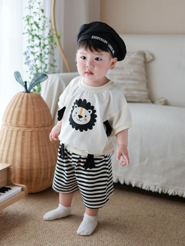 ベビー服 男の子 1-3歳 夏服 半袖 コットン 綿95%以上 薄手 柔らかい肌触り プルオーバー トップス ハーフパンツ ショートパンツ キャラクター柄 かわいい ルームウェア 部屋着 白