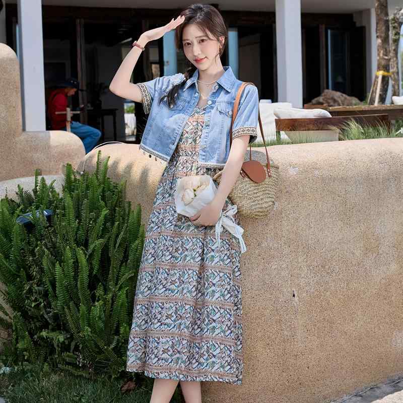 ワンピース レディース デニムトップス ポロ襟 ウォッシュ加工 花柄キャミソールワンピース Aライン ロング丈 接触冷感 2点セット 上品 カジュアル 通勤 オフィス 春夏|モズラボ