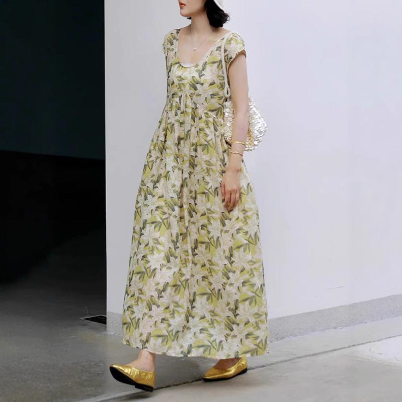 ワンピース レディース ラミー 麻 花柄 プリント コクーンシルエット ロング丈 半袖 Uネック ゆったり リラックス 体型カバー 涼しい 快適 上品 大人カジュアル ハイウエスト プリーツ ポケット 夏 15,731円