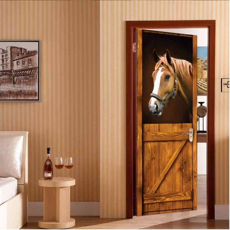 ドアシート 3D 貼るだけ リフォーム 模様替え ウォールステッカー 馬小屋 ブラウンホース 北欧風 おしゃれ 寝室 リビング PVC