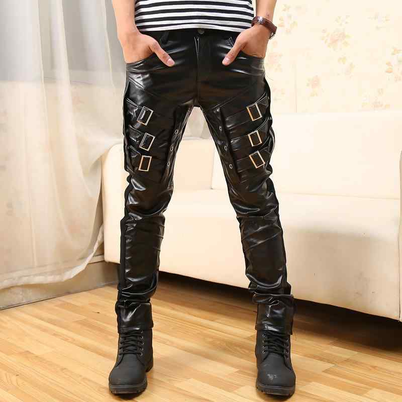 パンツ メンズ ボタン装飾 PUレザー切り替え フェイクレザーパンツ パンクスタイル タイトフィット スキニー ダンス ステージ衣装 ロング丈 ミドルライズ ブラック