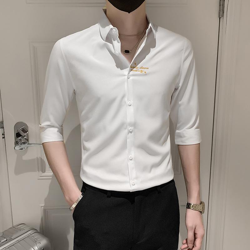 シャツ メンズ 形態安定 防シワ加工 スリムフィット 七分袖 刺・墸デザイン 襟付き きれいめカジュアル 春夏 無地 トップス 男性用 おしゃれ