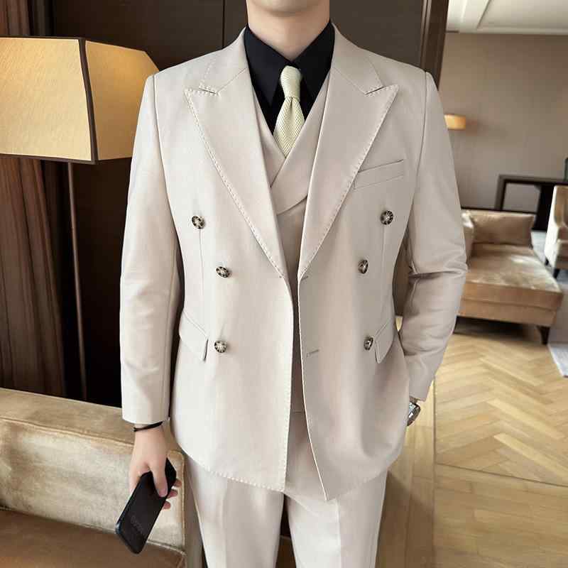メンズ スーツ ビジネス ダブルブレスト スリーピース 無地 防シワ スリムフィット 結婚式 二次会 パーティー フォーマル 通勤 オフィス 通年 ポリエステル混紡 ジャケット ベスト スラックス 白 黒 紺