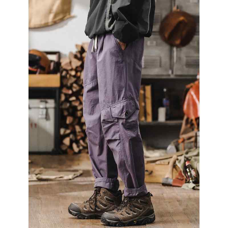 ワークパンツ メンズ 男性用 薄手 形態安定 耐摩耗性 アメリカン ルーズフィット ストレート ロング丈 ハイウエスト 高級感 紫色 コットン 無地 カジュアル
