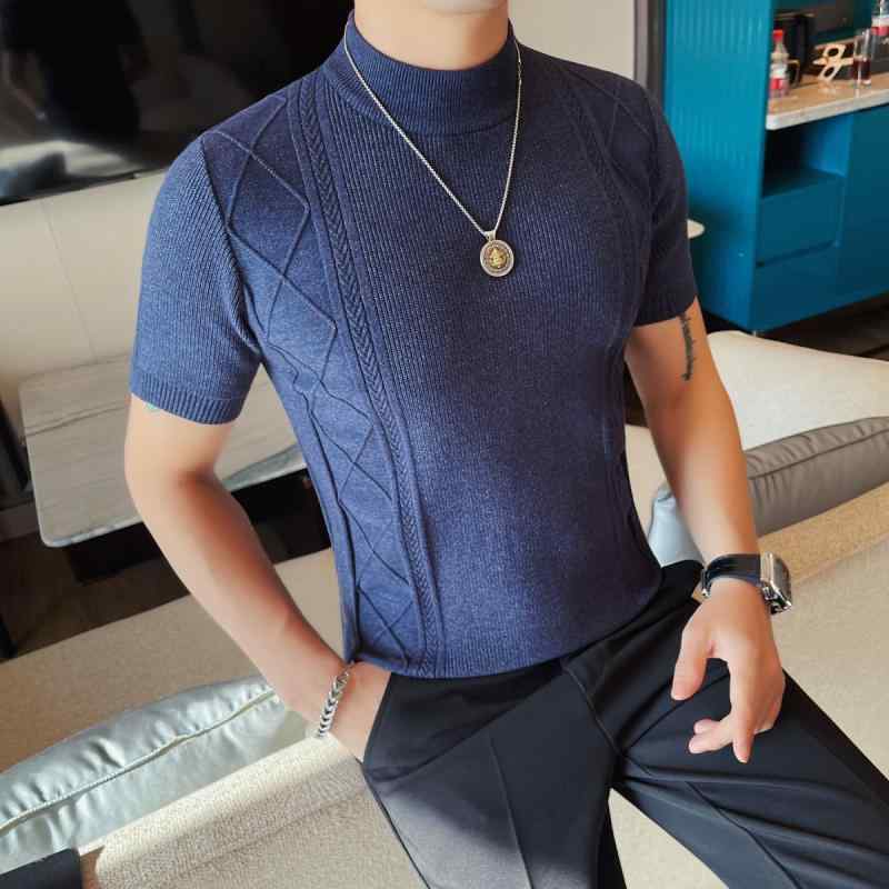 Tシャツ メンズ 半袖 ニット素材 モックネック 提花柄 スリムフィット 通気性 ポリエステル インナー トップス カジュアル デイリーユース 春秋 韓国風
