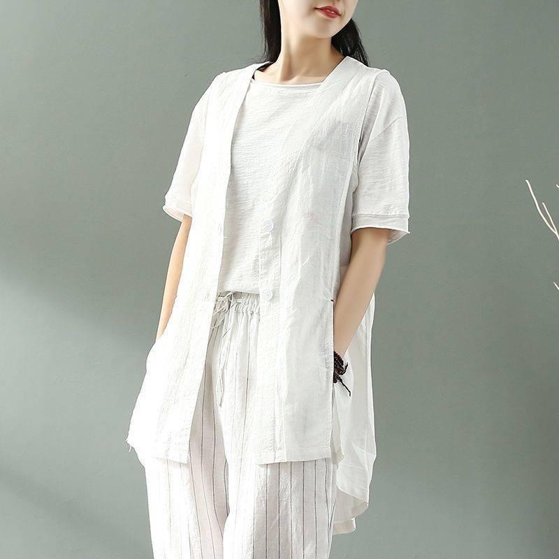 ベスト レディース ゆったり Vネック 薄手 綿麻 ジレ 前開き 冷房対策 通勤 オフィス カジュアル 春夏 無地 ショート丈 トップス
