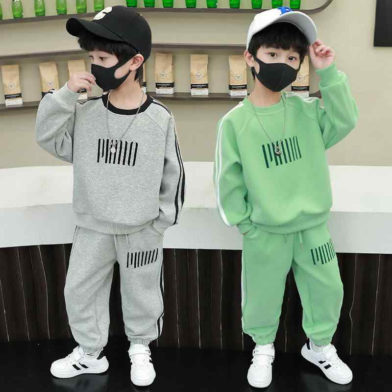 キッズ 男の子 セットアップ 春秋 フロッキープリント ライン スウェット ロングパンツ 上下セット 英字ロゴ カジュアル ストリート スポーティ やわらか素材 通学 普段着 部屋着 90-160cm グレー ライトグリーン