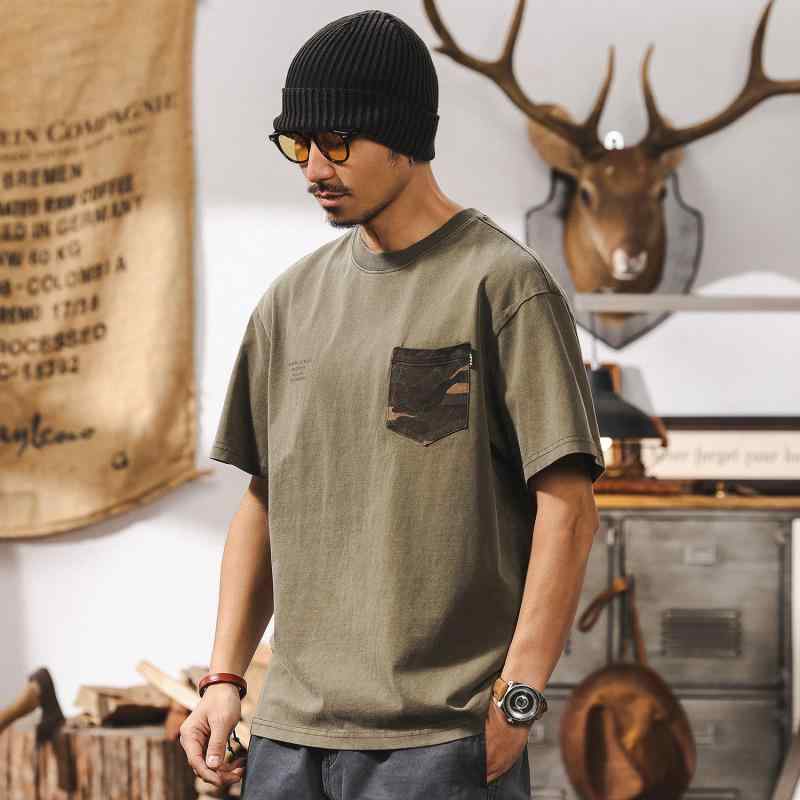 Tシャツ メンズ ゆったり ヘビーウェイト カモフラ柄 抗菌 ウォッシュ加工 半袖 クルーネック ドロップショルダー ミリタリーグリーン 英字ロゴ アメカジ ヴィンテージ風 ストリート カジュアル 普段使い 春夏