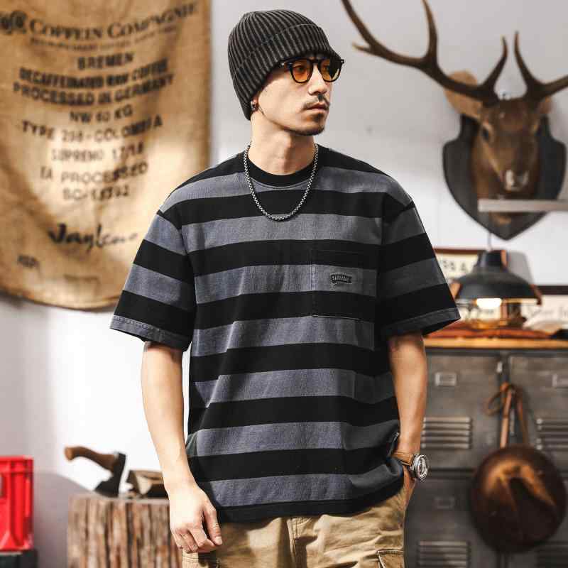 Tシャツ メンズ 半袖 ストライプ ドロップショルダー ルーズシルエット ヴィンテージ加工 サンドウォッシュ 綿素材 薄手 抗菌 イージーケア アメリカンレトロ アメカジ カジュアル 夏服 トップス