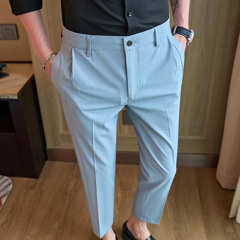 スラックス メンズ 春夏 薄手 清涼感 9分丈 クロップドパンツ スリムフィット プリーツ 無地 軽ビジネス対応 4,527円