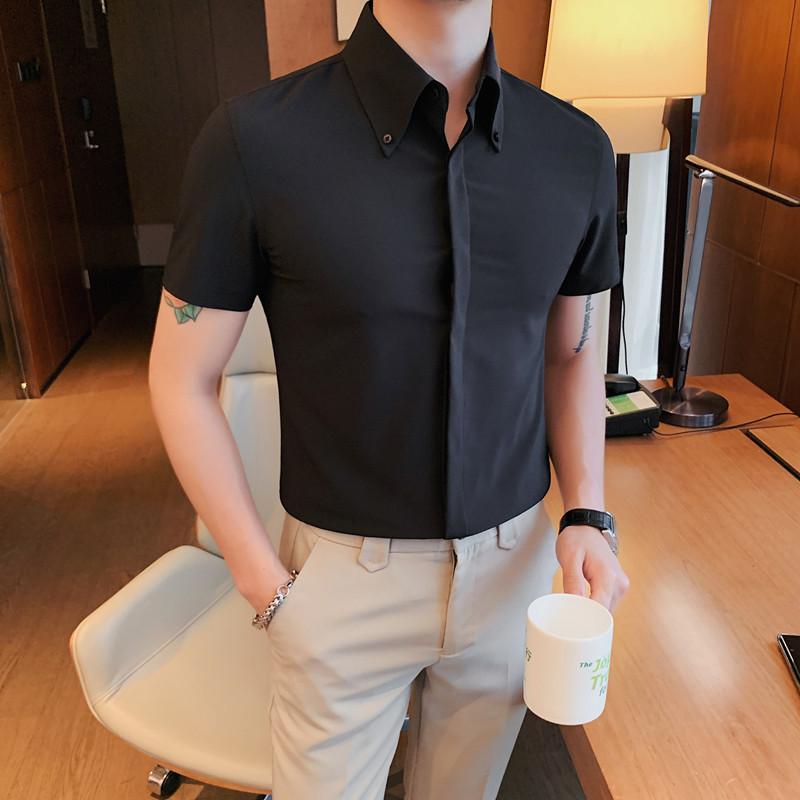 接触冷感 色落ちしにくい シャツ メンズ スリムフィット 比翼仕立て レギュラーカラー 半袖 無地 ポリエステル混紡 薄手 カジュアル 春夏 韓国ファッション デイリー ユース